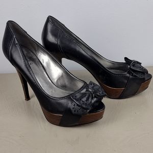 Guess Peep Toe Leather Stiletto Heels Black Bow